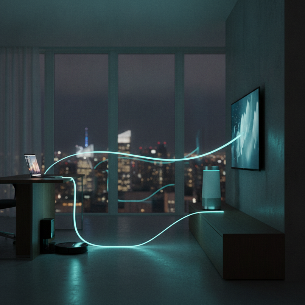 A Generator Mini as a decor piece in a city apartment living room, with light trails to a laptop, TV, and robot vacuum