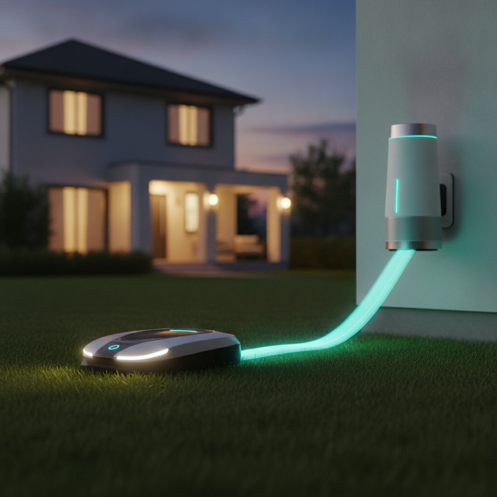 A robotic lawnmower at dusk connected by a glowing light trail to a Generator Home unit on the house