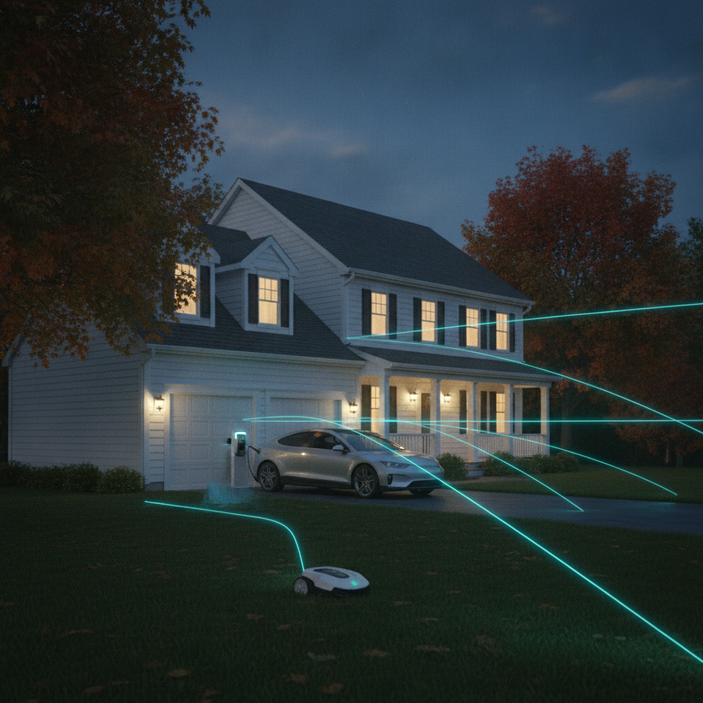A Generator Home unit at a colonial home in Sparta, New Jersey, with light trails flowing to an EV and a robotic lawnmower