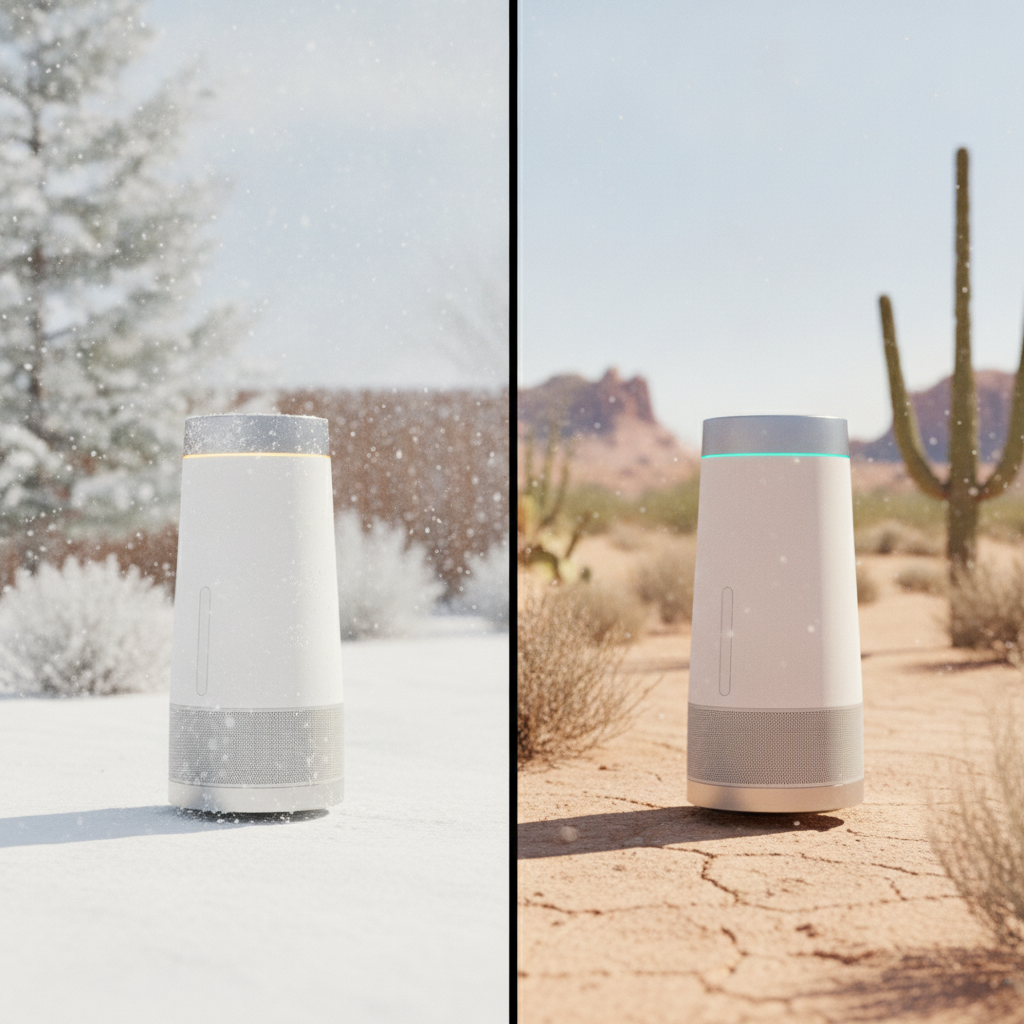 Split image showing a Generator Home unit surviving snow on one side and desert heat on the other